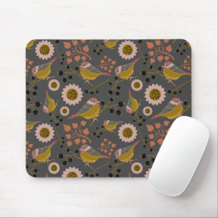 Chickadee Gold Pink Black Berries Flowers Pattern Mouse Pad