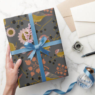 Chickadee Gold Pink Black Berries Flowers Pattern Wrapping Paper