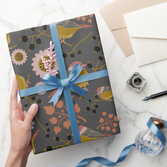 Chickadee Gold Pink Black Berries Flowers Pattern Wrapping Paper (Gifting)