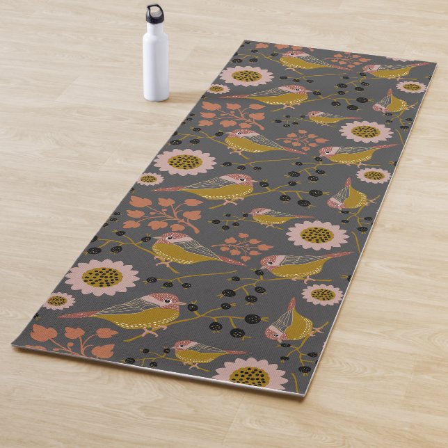 Chickadee Gold Pink Black Berries Flowers Pattern Yoga Mat (In Situ)