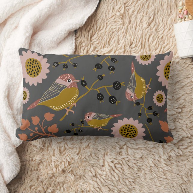 Chickadee Gold Pink Black Pattern Lumbar Pillow (Blanket)