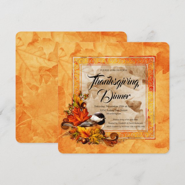 Chickadee & Golden Autumn Leaves Thanksgiving Invitation (Front/Back)