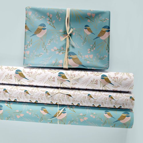 Chickadee Hearts Flowers Blue Gold Pink Wrapping Paper Sheets