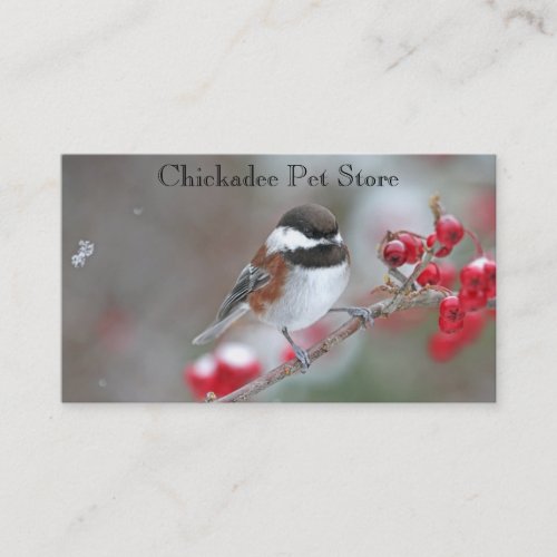 Chickadee in Falling Snow with Red Berries Business Cards
