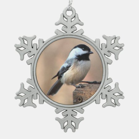 Chickadee In Golden Light Snowflake Pewter Christmas Ornament