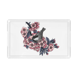 Chickadee on a blooming cherry branch acrylic tray