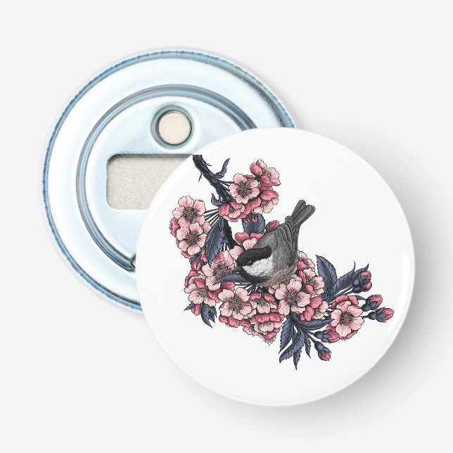 Chickadee on a blooming cherry branch bottle opener (Front)