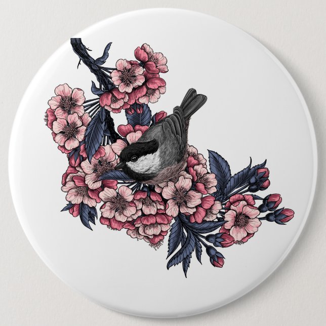 Chickadee on a blooming cherry branch button (Front)