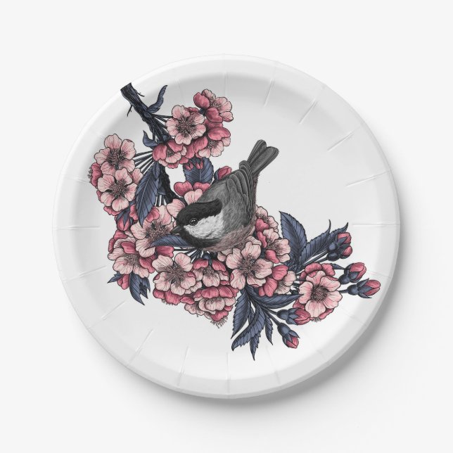 Chickadee on a blooming cherry branch paper plates (Front)