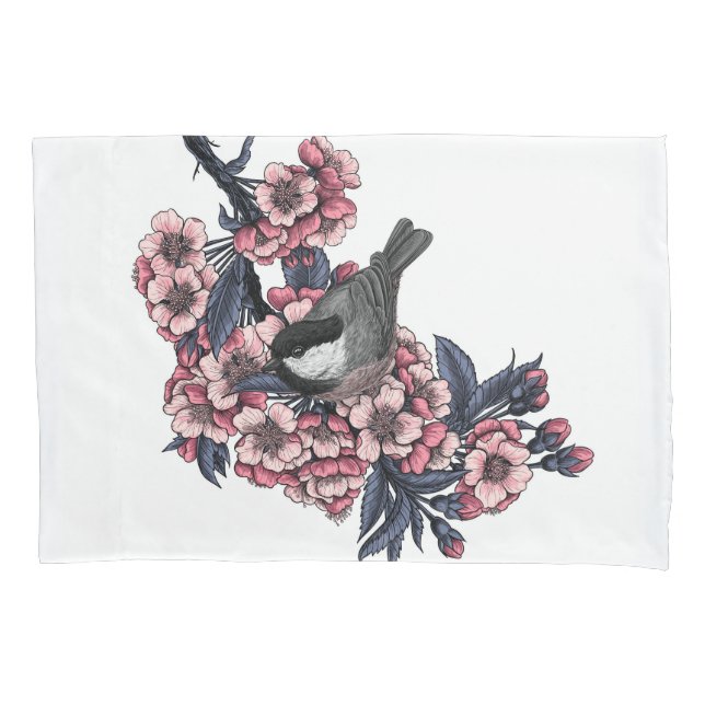Chickadee on a blooming cherry branch pillow case (Front)