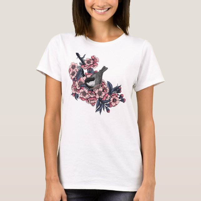 Chickadee on a blooming cherry branch T-Shirt (Front)