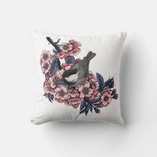 Chickadee on a blooming cherry branch throw pillow