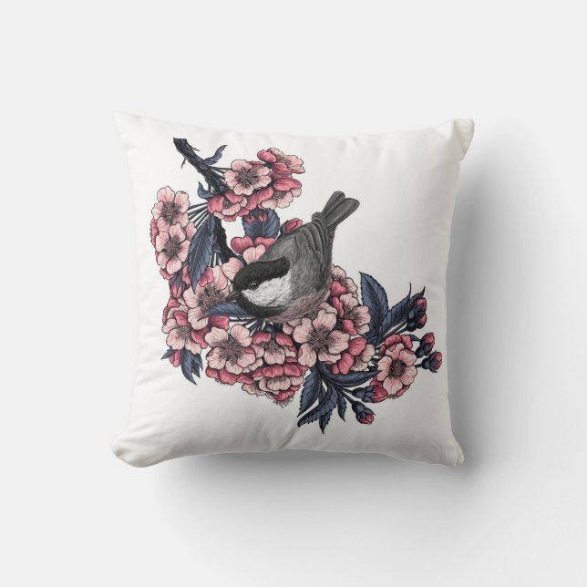 Chickadee on a blooming cherry branch throw pillow (Front)