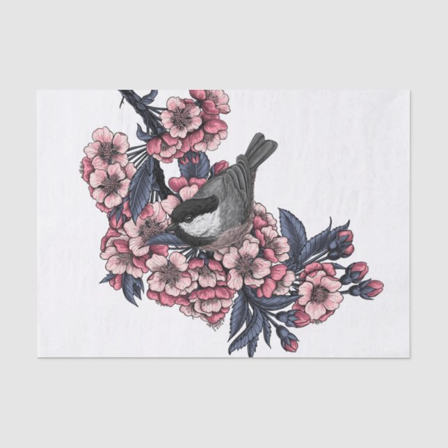 Chickadee on a blooming cherry branch tissue paper (Front)