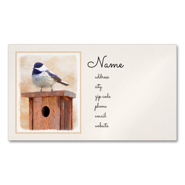 Chickadee on Birdhouse Painting Original Bird Art Business Card Magnet (Front)