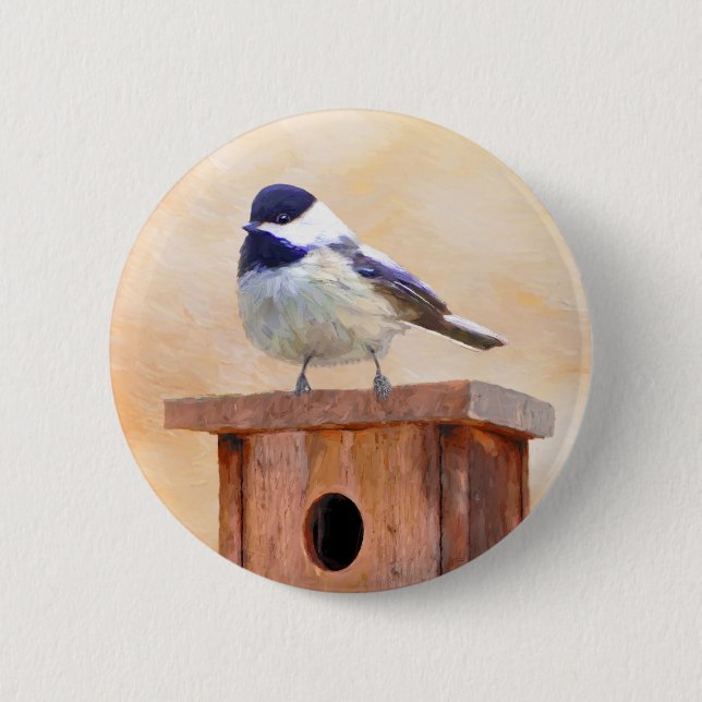 Chickadee on Birdhouse Painting Original Bird Art Button (Front)