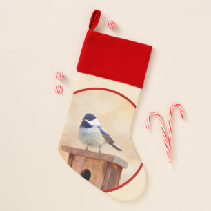 Chickadee on Birdhouse Painting Original Bird Art Christmas Stocking