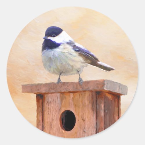 Chickadee on Birdhouse Painting Original Bird Art Classic Round Sticker