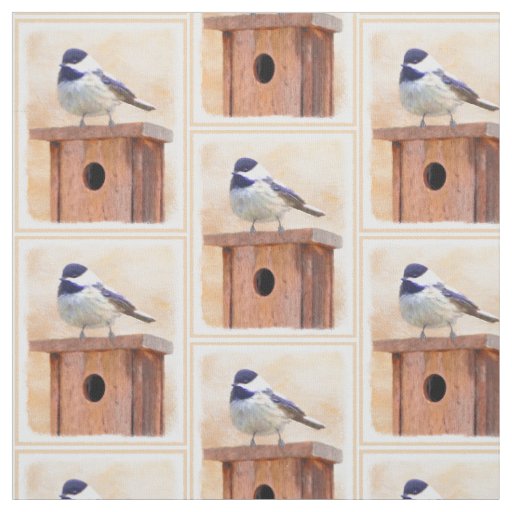 Chickadee on Birdhouse Painting Original Bird Art Fabric