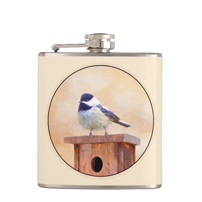 Chickadee on Birdhouse Painting Original Bird Art Flask (Front)