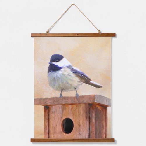 Chickadee on Birdhouse Painting Original Bird Art Hanging Tapestry