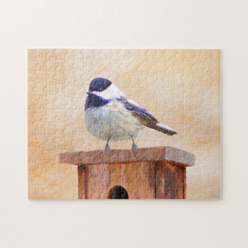 Chickadee on Birdhouse Painting Original Bird Art Jigsaw Puzzle