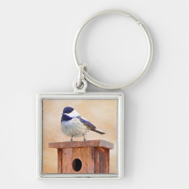 Chickadee on Birdhouse Painting Original Bird Art Keychain (Front)