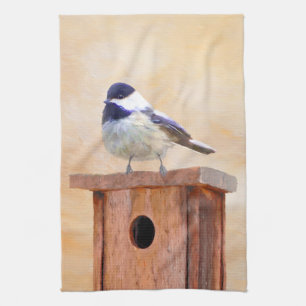 Chickadee on Birdhouse Painting Original Bird Art Kitchen Towel