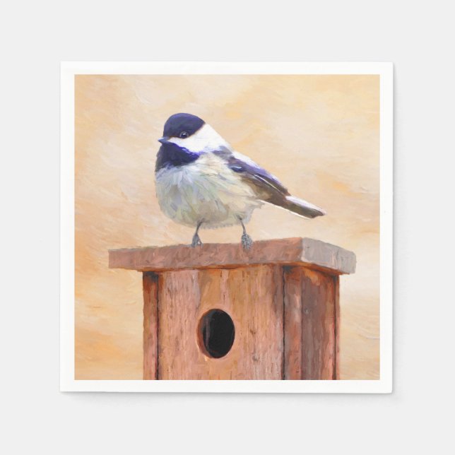 Chickadee on Birdhouse Painting Original Bird Art Napkins (Front)