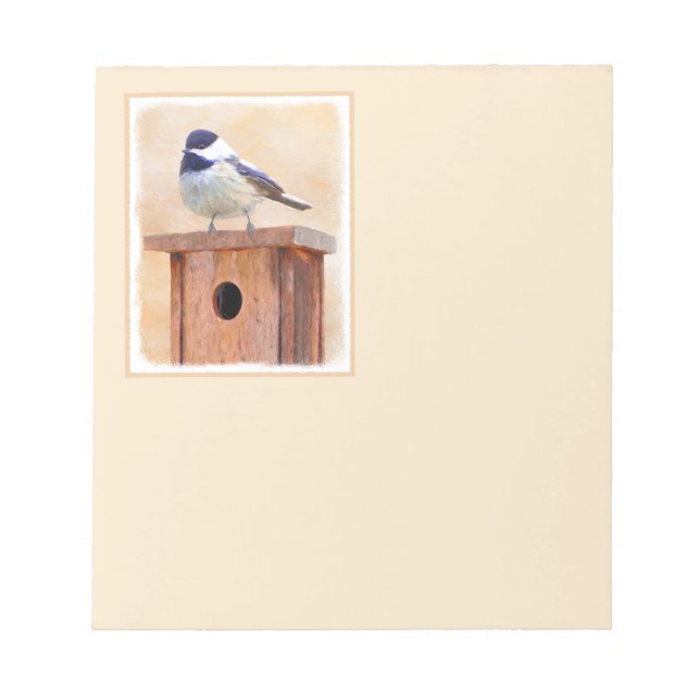 Chickadee on Birdhouse Painting Original Bird Art Notepad (Front)
