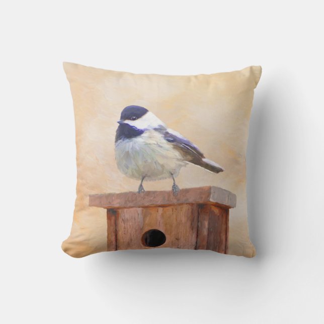 Chickadee on Birdhouse Painting Original Bird Art Outdoor Pillow (Front)