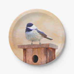 Chickadee on Birdhouse Painting Original Bird Art Paper Plates