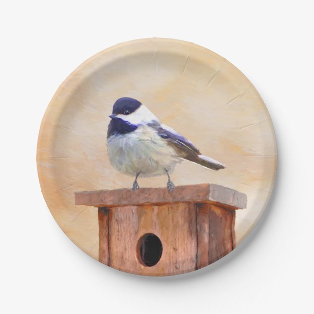 Chickadee on Birdhouse Painting Original Bird Art Paper Plates (Front)