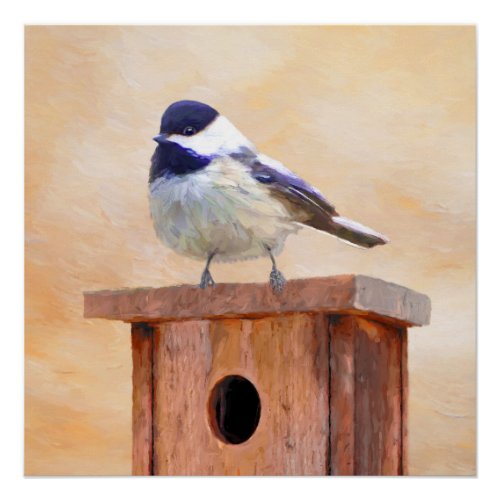 Chickadee on Birdhouse Painting Original Bird Art Poster