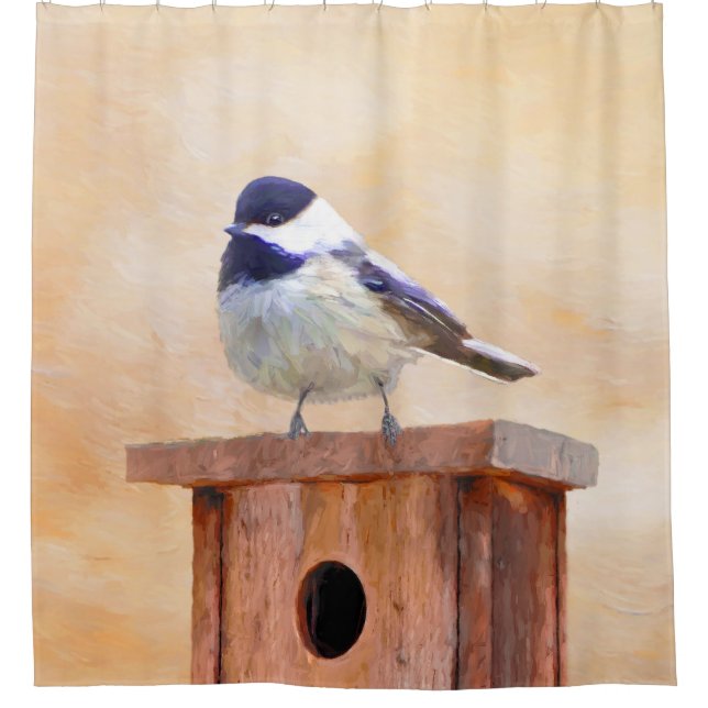 Chickadee on Birdhouse Painting Original Bird Art Shower Curtain (Front)