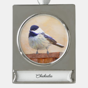 Chickadee on Birdhouse Painting Original Bird Art Silver Plated Banner Ornament