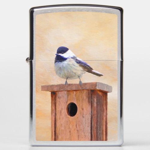 Chickadee on Birdhouse Painting Original Bird Art Zippo Lighter