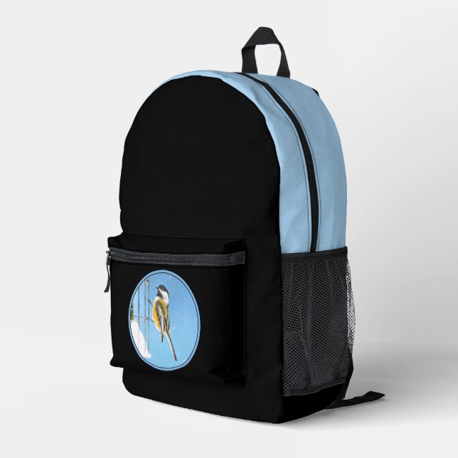 Chickadee on Feeder - Original Wild Bird Art Printed Backpack (Back Corner Right)