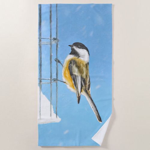 Chickadee on Feeder Painting _ Original Bird Art Beach Towel