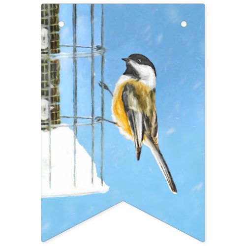Chickadee on Feeder Painting _ Original Bird Art Bunting Flags