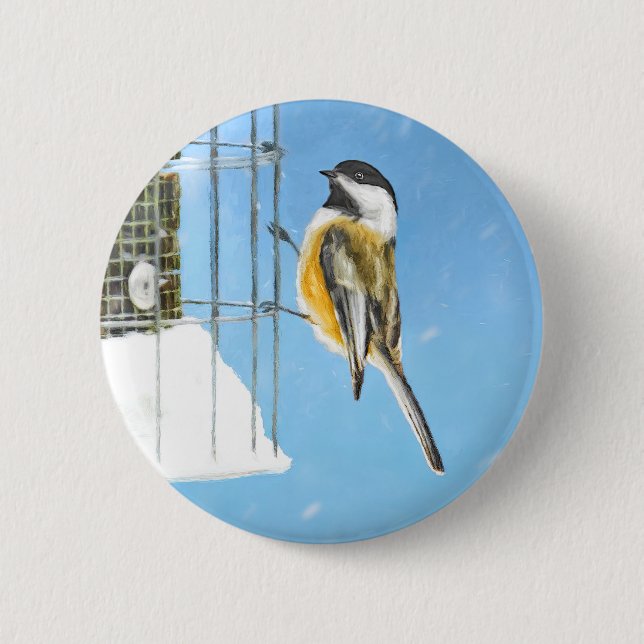 Chickadee on Feeder Painting - Original Bird Art Button (Front)