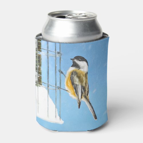 Chickadee on Feeder Painting _ Original Bird Art Can Cooler