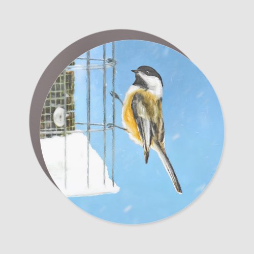Chickadee on Feeder Painting _ Original Bird Art Car Magnet