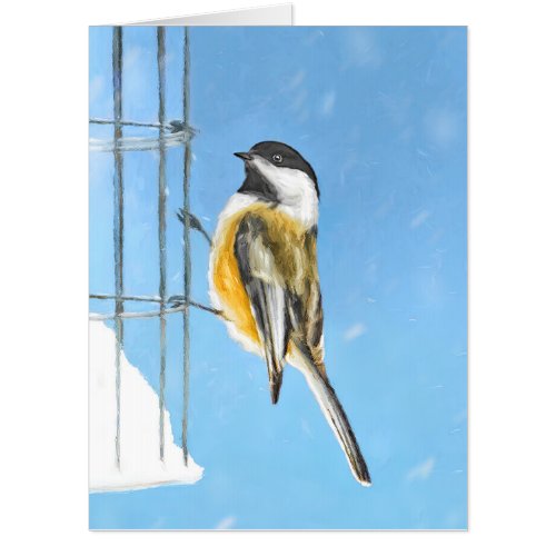 Chickadee on Feeder Painting _ Original Bird Art Card