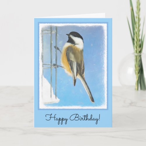 Chickadee on Feeder Painting _ Original Bird Art Card