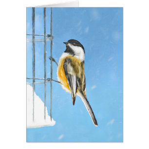 Chickadee on Feeder Painting - Original Bird Art Cards