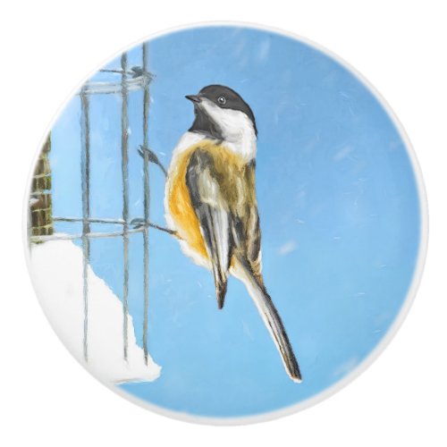 Chickadee on Feeder Painting _ Original Bird Art Ceramic Knob