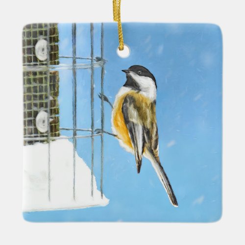Chickadee on Feeder Painting _ Original Bird Art Ceramic Ornament