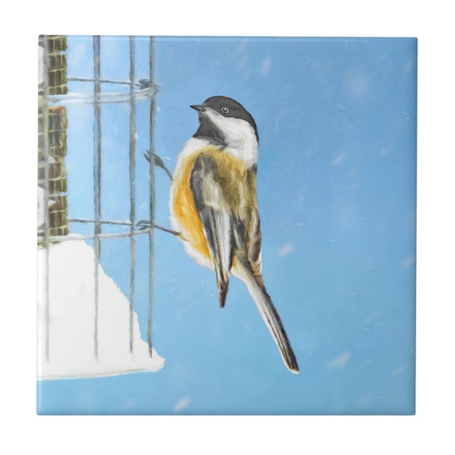 Chickadee on Feeder Painting - Original Bird Art Ceramic Tile (Front)