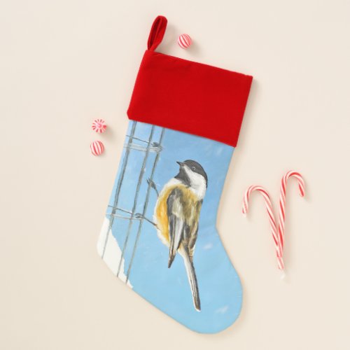 Chickadee on Feeder Painting _ Original Bird Art Christmas Stocking